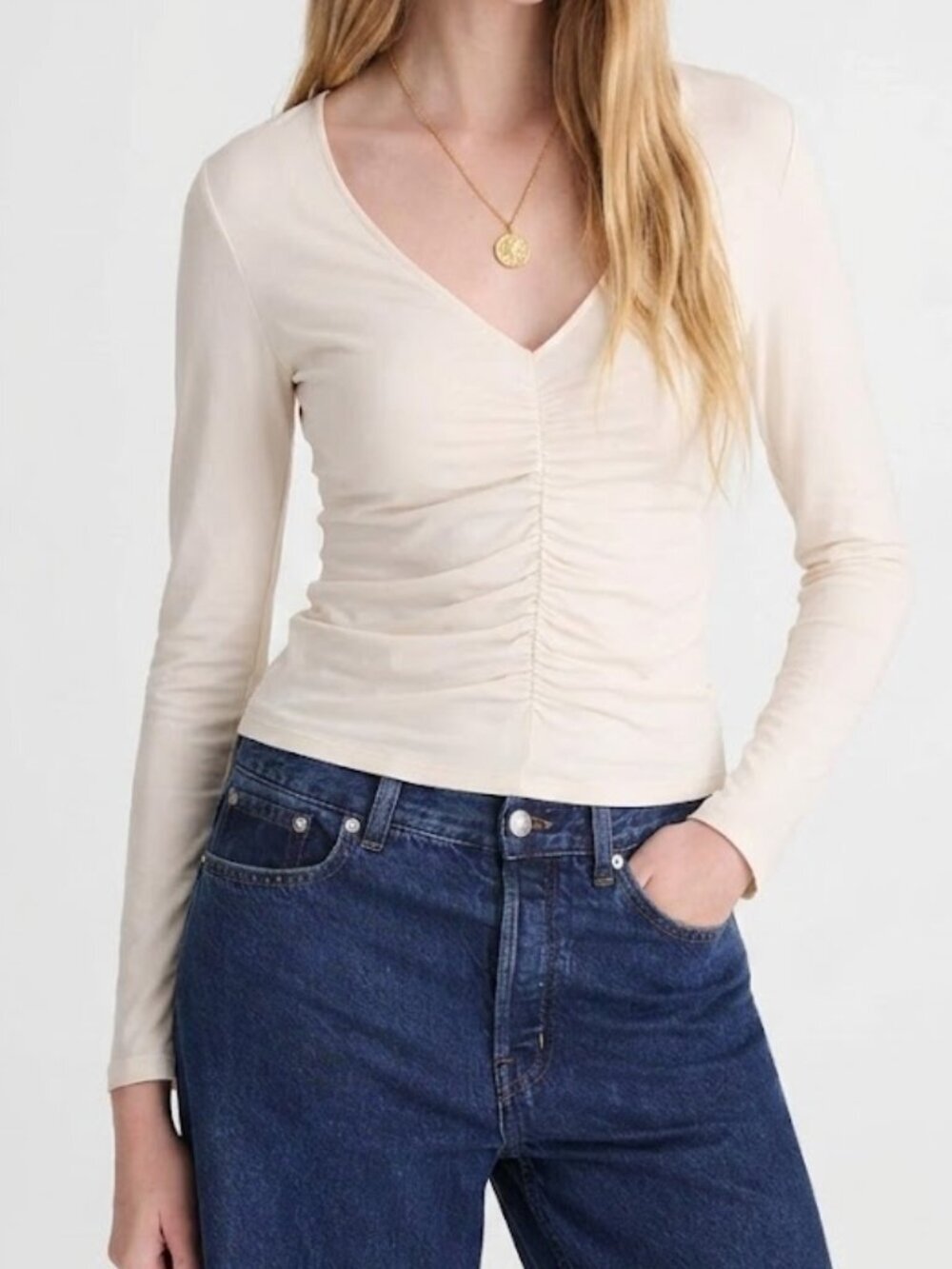 Madewell Shirred V-Neck Buttery Soft Long-Sleeve Top Cream Size XS NWT